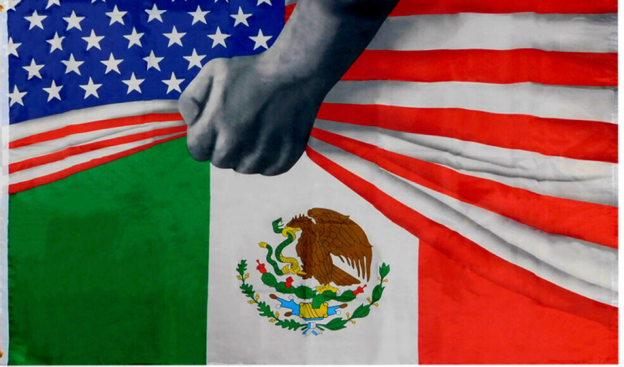 USA Flag with Hand Lifting, Revealing Mexico Flag - Symbol of Unity and  Friendship